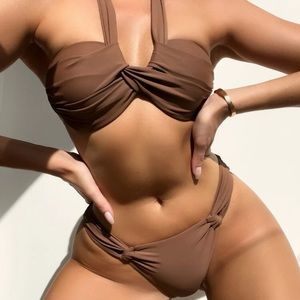 Twist halter push-up bikini set coffee brown